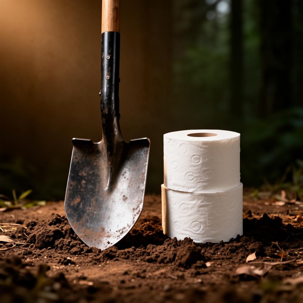 The SQUAT KIT — a steel shovel and a roll of toilet paper